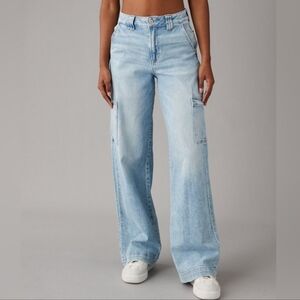 AE Dreamy Drape Stretch Super High-Rise Baggy Cargo Wide-Leg Jeans 14 32W • New